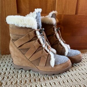Sorel Joan of Artic Wedge II Cozy Camel Suede Shearling lace up boots